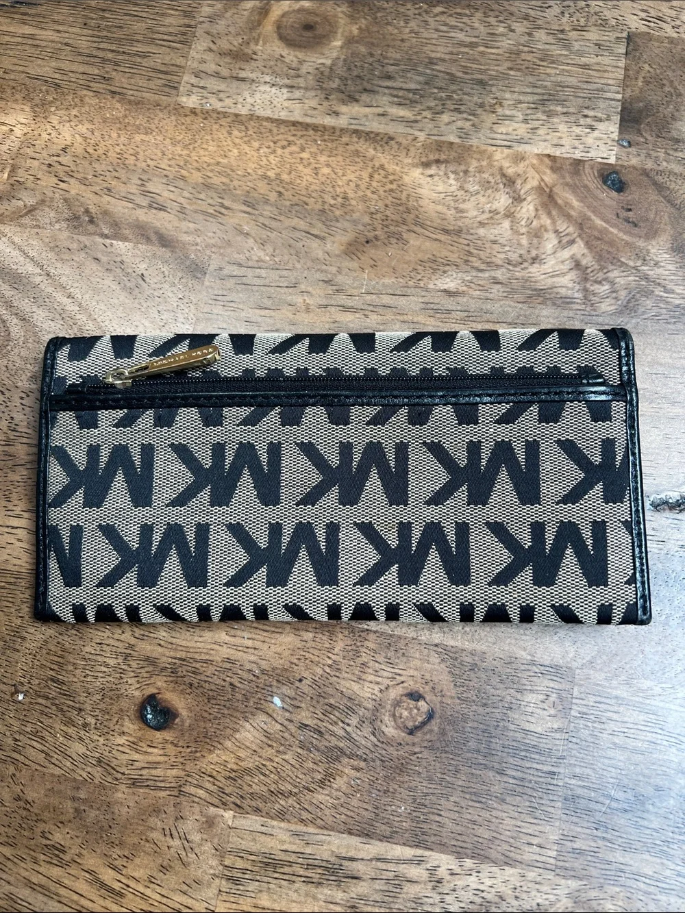 Michael Kors Black and Tan Logo Foldover Wallet with Gold Plaque